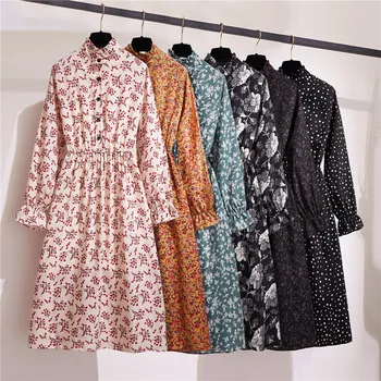 

Spring Autumn Dress Women Floral Standing Collar Long Sleeven Elastic Waist Button Print Midi Vintage Party Dresses Vestidos