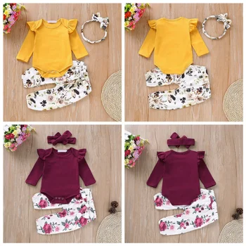 

Autumn Baby Girl Long Flare Sleeve Romper Tops Flower Print Trousers Headband Outfits Clothes