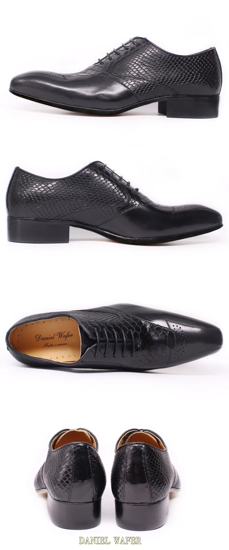 LUXURY MEN LEATHER SHOES SNAKE SKIN PRINTS BUSINESS WEDDING CLASSIC STYLE BLACK COFFEE POINTED TOE LACE UP OXFORD SHOES FOR MEN
