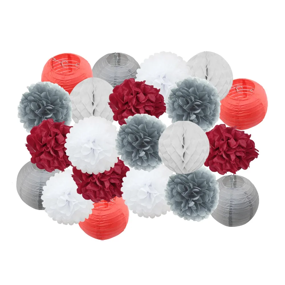 Grey Red Set Горячий Свадебный декор 21 шт./компл. розовый красный/розовый/синий круглый бумажный фонарь для детей на день рождения, вечеринка, подарок, Висячие бумажные украшения - Цвет: Grey Red Set