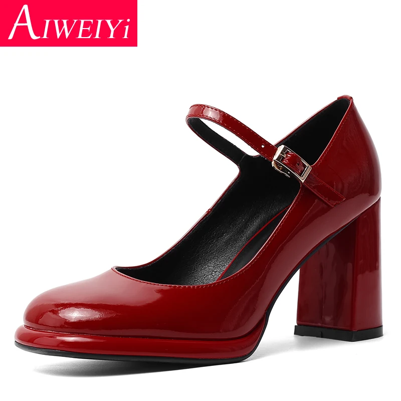 

Woman High Heels Shoes Patent Leather Chunky Heels Platform Shoes Cow Leather Spring Fall Comfort Shoes Woman Red Wedding Shoes