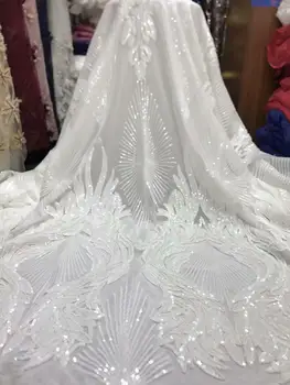 

African french lace fabrics white embroidered glitter sequence net tulle mesh sequins lace high quality for wedding FJY39