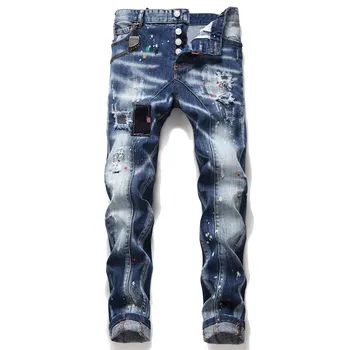 

European Italy jeans dsq brand Men slim jeans pants top quality mens denim trousers zipper blue hole Pencil Pants jeans for men