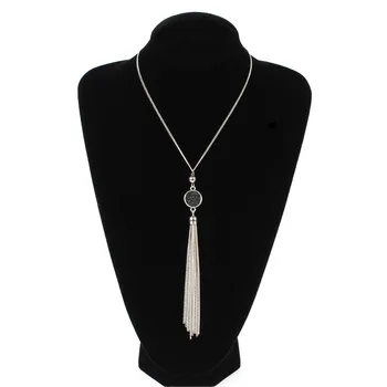 

Fashion Alloy Tassel Long Pendant Necklace Silver Color Resin Round Sweater Chain Necklace Women Collares Jewelry