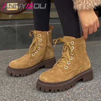 

ANNYMOLI Real Leather Cow Suede Platform High Heel Snow Boots Women Shoes Zip Block Heels Ankle Boots Female Short Boots Winter