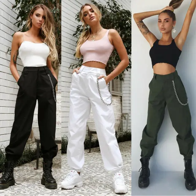 Womens Cargo Trousers High Waist Pockets Pants Military Army Combat Casual Jogger Pants Tracksuit Bottoms