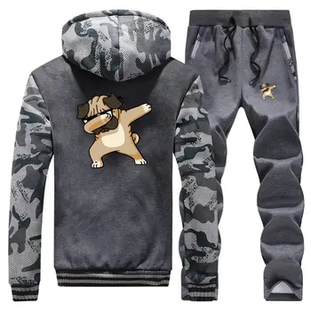 

Winter Male Sportswear Cartoon Animal Dog Mens Zipper Jacket Sports Trousers Camouflage Tracksuit Set Personality Zip Coat Pants