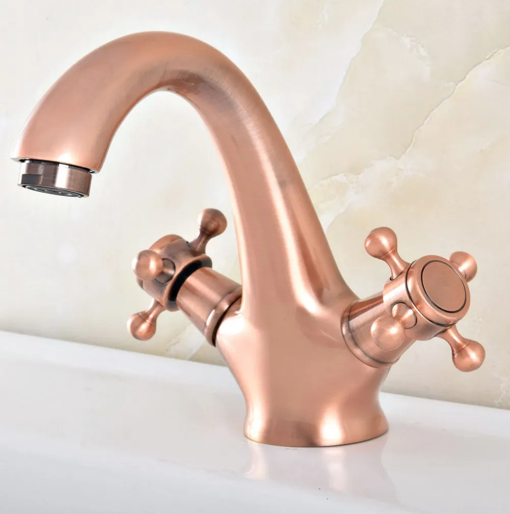 

Antique Red Copper Brass Dual Cross Handles Deck Mounted Wet Bar Bathroom Vessel Sink Faucet Hot Cold Mixer Tap One Hole asf825