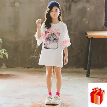 

Baby Girls Summer Dress 2020 New Fashion Kids Children Cute Out Half Sleeve Cartoon Cat Dress Girl Bohemian Lovely Dress 4-12 Y