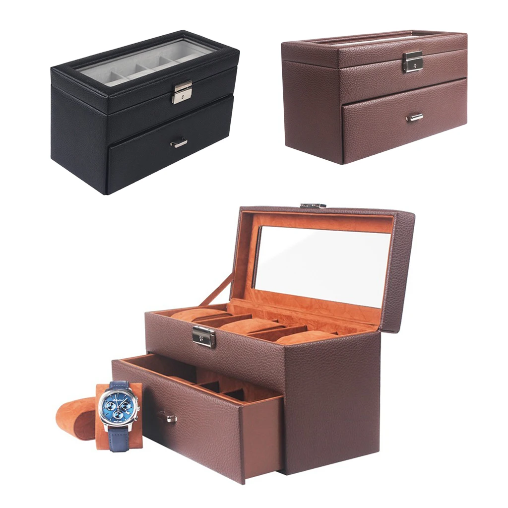 

10 Slot 2-Tier PU Leather Watch Box Drawer Holder Watch Showcase with Lid