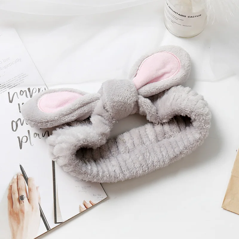 Girl cute soft rabbit ears hair band velvet cartoon cosmetics wide-brimmed headband jewelry multi-color headband spa package - Color: gray