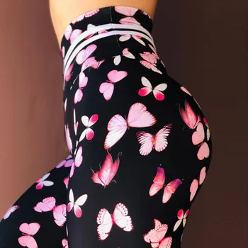 

Women High Waist Butterfly Printed Stretch Leggings Summer Slim Breathable Raise Hip Skinny Black Fitness Leggings Plus Size