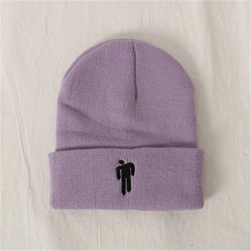Billie Eilish шапочка с вышивкой, шапка для женщин и мужчин, вязаные теплые зимние шапки для мужчин и женщин, одноцветные хип-хоп Повседневные шапки с манжетами - Цвет: Purple
