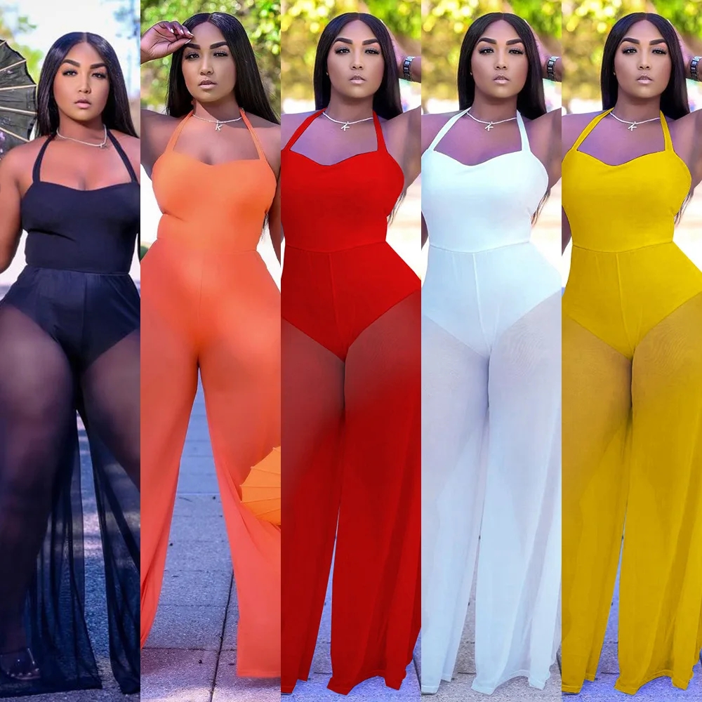 Mesh Stitching Women Rompers 2021 Summer New Halter Off Shoulder Jumpsuit Sexy See Through Beach Wear Holiday Wide Leg One Piece