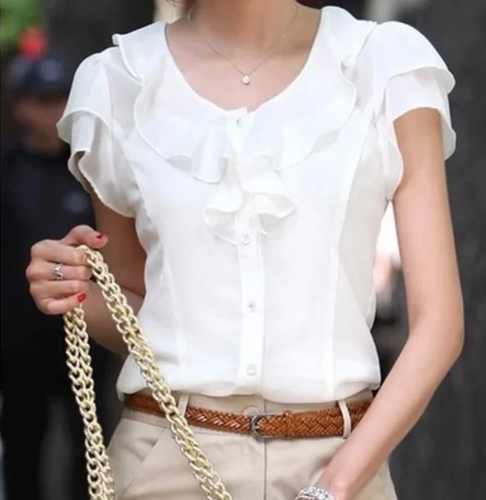 5XL размера плюс, новые летние женские блузки, модные шифоновые блузки с коротким рукавом и оборками, однотонные белые топы, повседневные летние блузки - Цвет: Белый