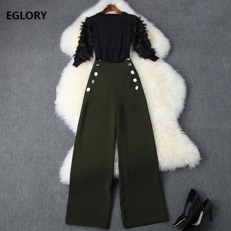 

High Quality Sweater Suits 2019 Autumn Pant Set Women Tassel Sweaters+Buttons up Full Length Green Black Pant Suits &Set Female