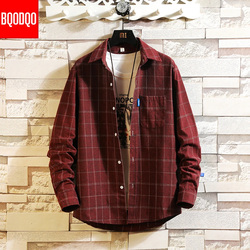 Goedkoop Streetwear Japanse Koreaanse Sociale Shirts Mannen Rode Winter Merk Katoen Blouses Mannelijke Mode Herfst Lange Mouwen Plaid Casual Shirt