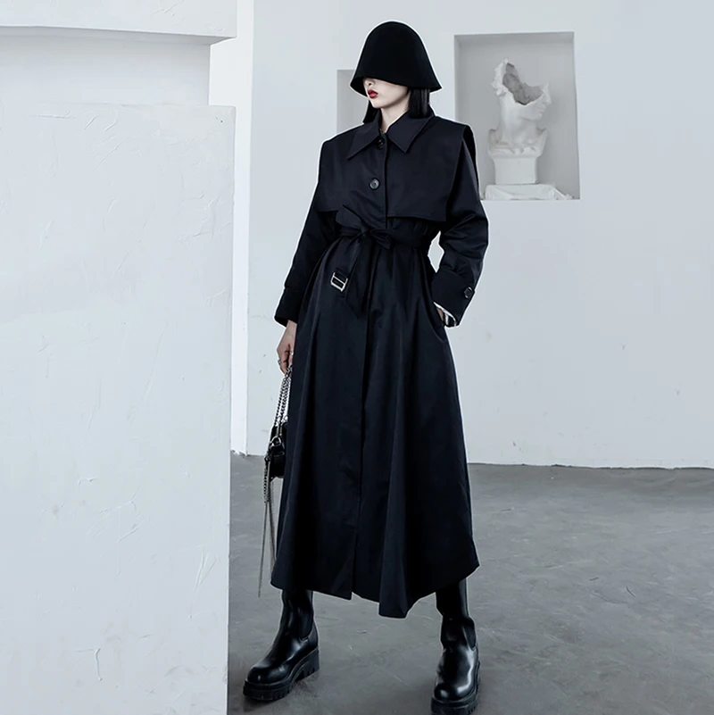 [EAM] Women Contrast Color Big Size Long Trench