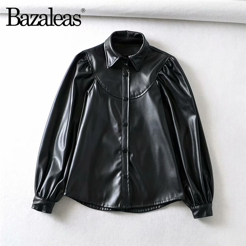 1477 black TR17 Bazaleas повседневные блузы с отложным воротником из искусственной кожи mujer de moda черные женские топы и блузки модные женские блузки - Цвет: 1477 black TR17