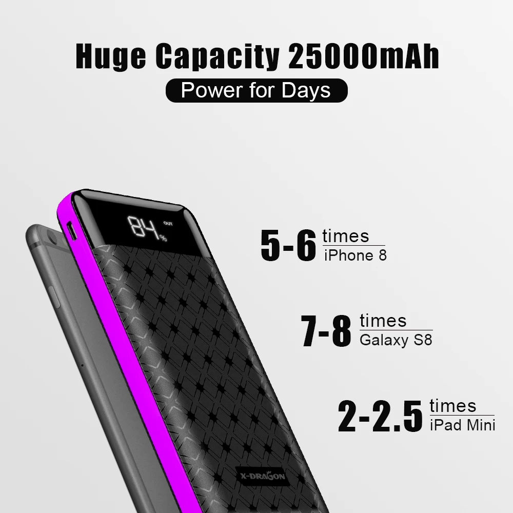 X-DRAGON banco de potencia 25000mAh Powerbank USB 3 Paquete de batería externa para iPhone 6 6s 7 8