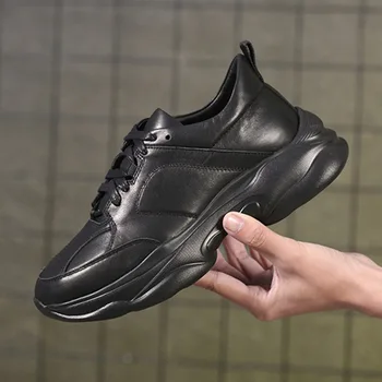 

Genuine Men 2020 Spring Leather Sneakers Homme Round Toe Business Casual Shoes Streetwear Black Platform Luxury Trainers