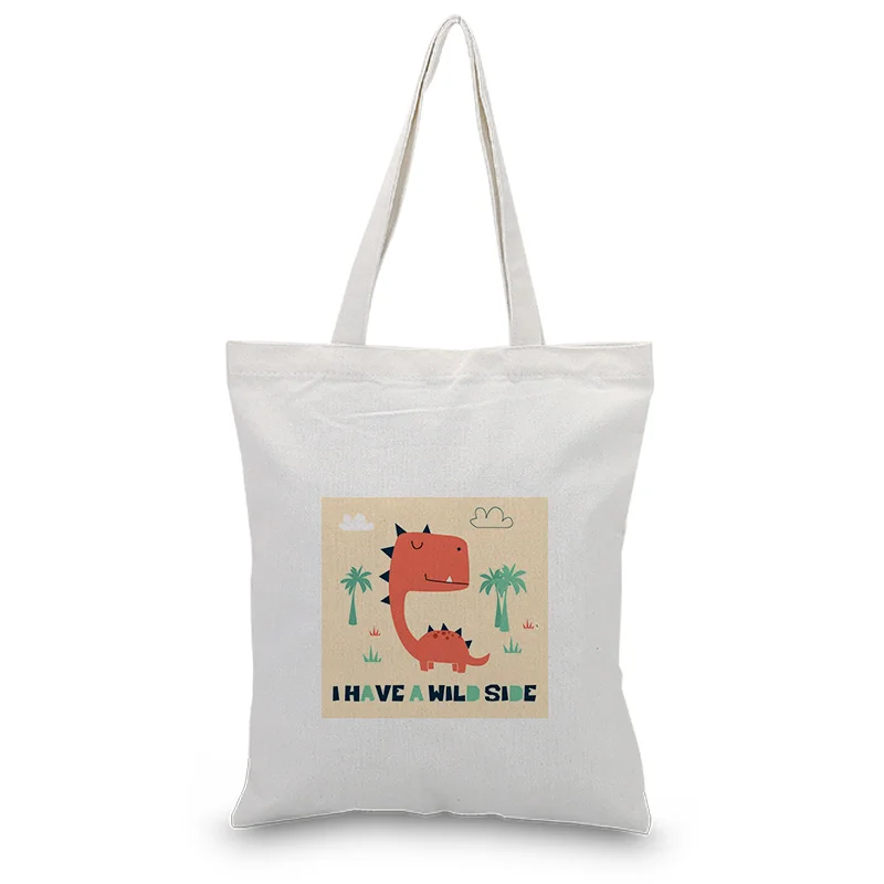 

Cartoon Dinosaur Pattern Canvas Tote Bag Shopping Bag Handbag Daily Use Text DIY Custom Print Logo Eco Reusable Recycle