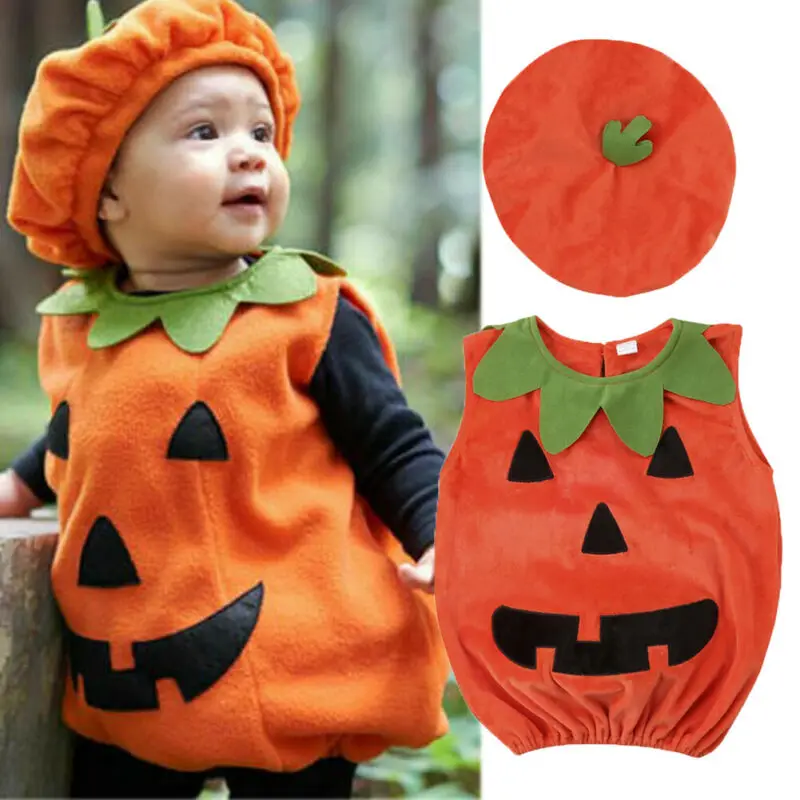 Toddler Baby Kid Girl Boy Halloween Pumpkin Costume sleeveless Ruffle Clothes Hat Fancy Outfit Set Party Fancy