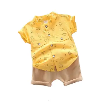 

DishyKooker 2Pcs/set Boy Baby Summer Suit Shirt + Shorts Cookies Stand Collar Short Sleeve for 0 - 4 Years Old
