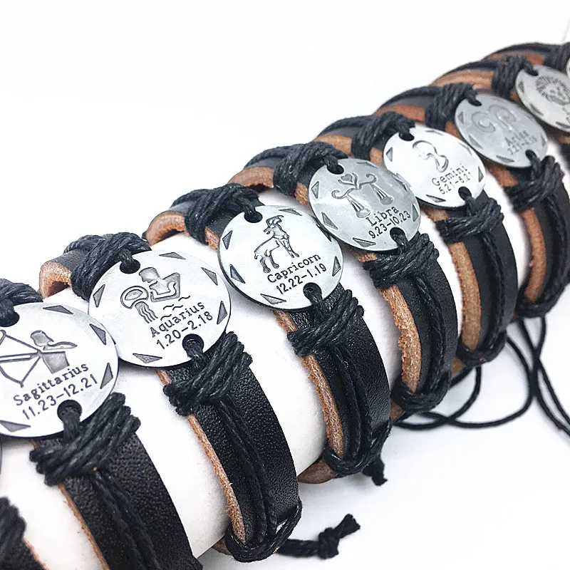 MixMax 12pcs/lot Mix 12 constellations Handmade Cuff Leather Bracelets for Men Women Bangles Wristbands Wholesale dropshipping 3