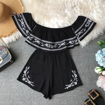 

2020 New Short shirt Slash Indie Folk Floral print Embroidery Summer Loose Women Jumpsuits Shorts