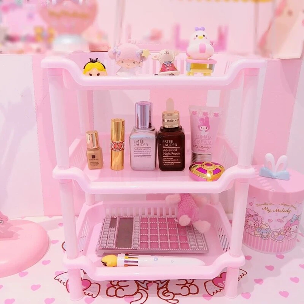 

Pink Desktop 3-layer Folding Storage Rack Foldable Dormitory Storage Artifact Free Installation Desk Girl Sundries Decorative