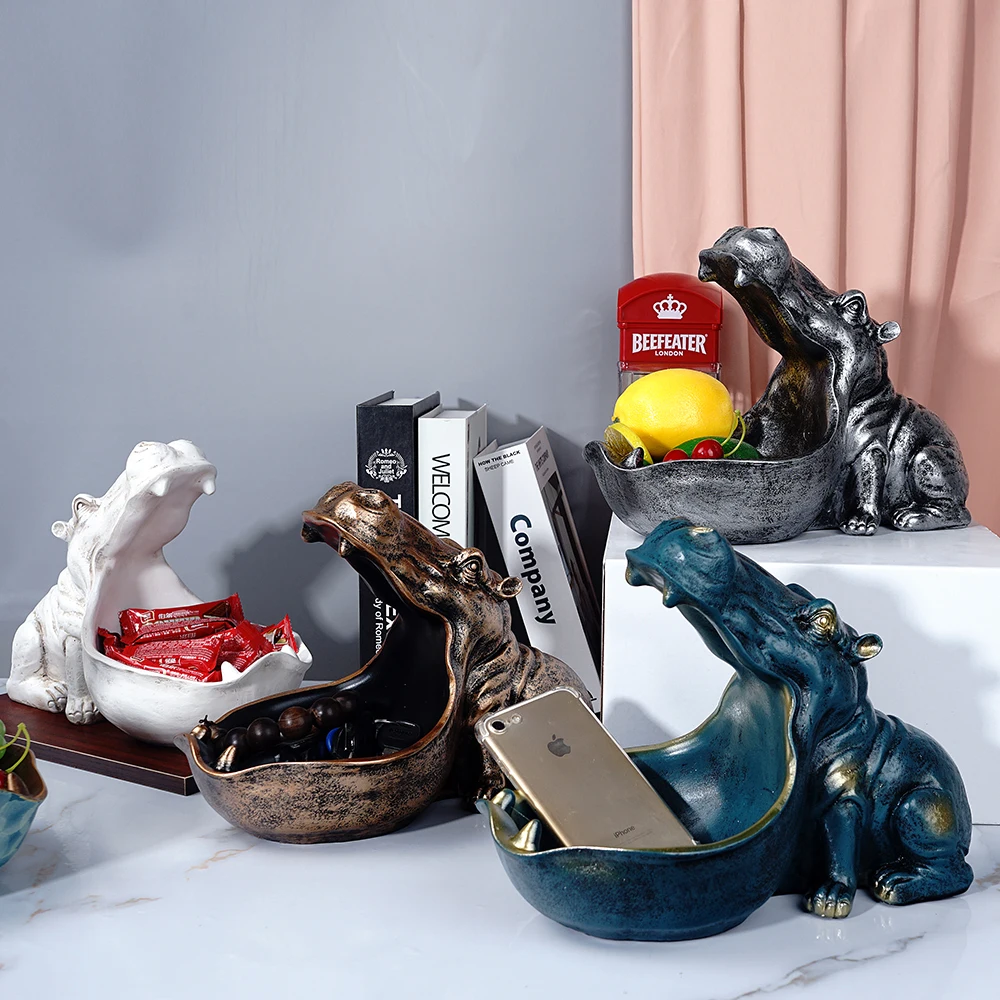 VILEAD Resin Hippo Figurines Keychain Holder Home Decor Desktop Accessories 
