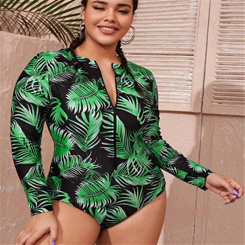 

Plus Size Swimwear Long Sleeves Swimsuit Women Retro Bathing Suit Large Sizes Swimming Suit One Piece Swimsuit Surfing 2021 New