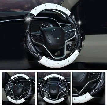

Black&White Steering Wheel Cover 38cm/15Inch PU Leather Rhinestones Accessory