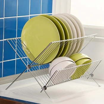 

Deluxe Chrome-Plated Steel Foldable X Shape 2-Tier Shelf Small Dish Drainers with Drainboard