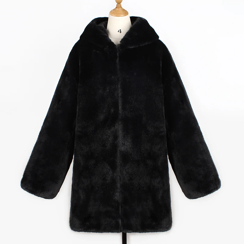 Негабаритный 6XL зимний теплый с капюшоном Большие размеры длинное однотонное пальто из искусственного меха Новая повседневная женская меховая куртка с длинным рукавом верхняя одежда