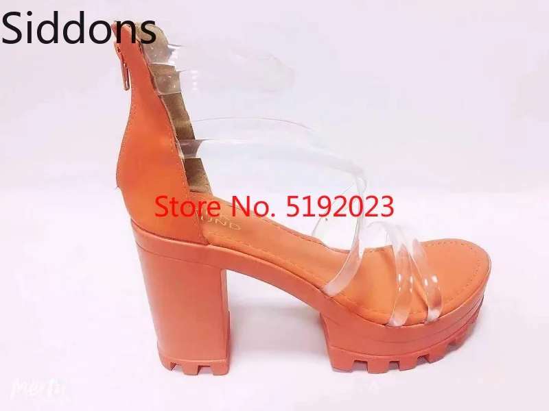 Женские босоножки на высоком квадратном каблуке; летняя прозрачная обувь с украшением в виде кристаллов; женские пикантные сандалии-гладиаторы на полой подошве; D124 - Цвет: orange