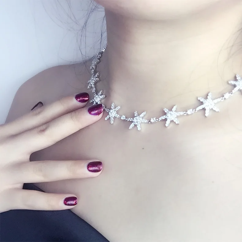 

2019 Winter 925 Sterling Silver Multi Starfish Short Necklace AAA Cubic Zirconia Stones Women Choker Brand Christmas Jewelry