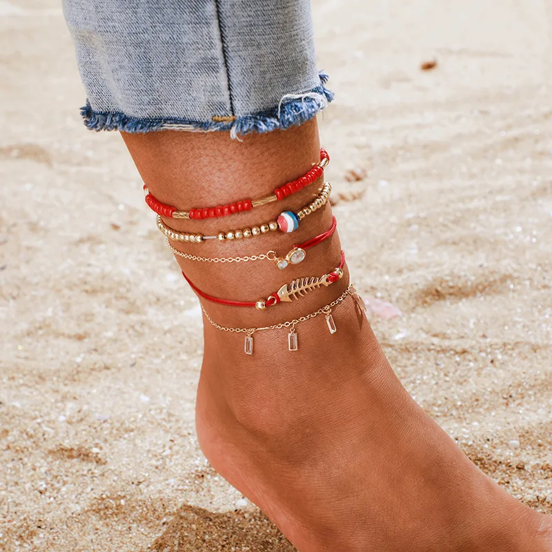 5Pcs Bohemian Beaded Ankle Bracelets Set Multilayer Rhinestone Crescent Fishbone Charm Bracelets Women Anklet Foot Jewelry Gift 5Pcs Bohemian Beaded Ankle Bracelets Set Multilayer Rhinestone Crescent Fishbone Charm Bracelets Women Anklet Foot Jewelry Gift