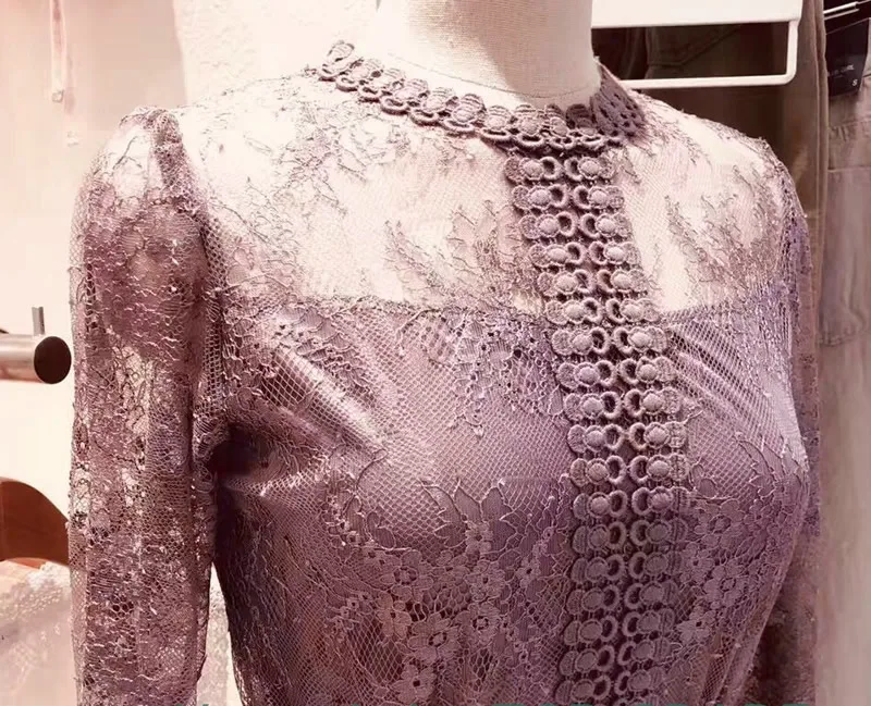 Осень 3/4 рукав полный кружева длиной до колена vestidos Bodycon Сексуальные Высокая Талия Вечерние фиолетовые платья