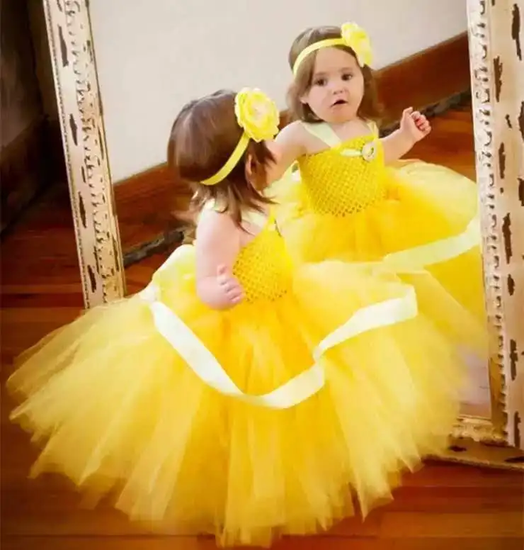 

Girls Yellow Crochet Tutu Dress Baby Fluffy Tulle Strap Dress Ball Gown with Flower Headband Kids Cosplay Clothes Princess Dress