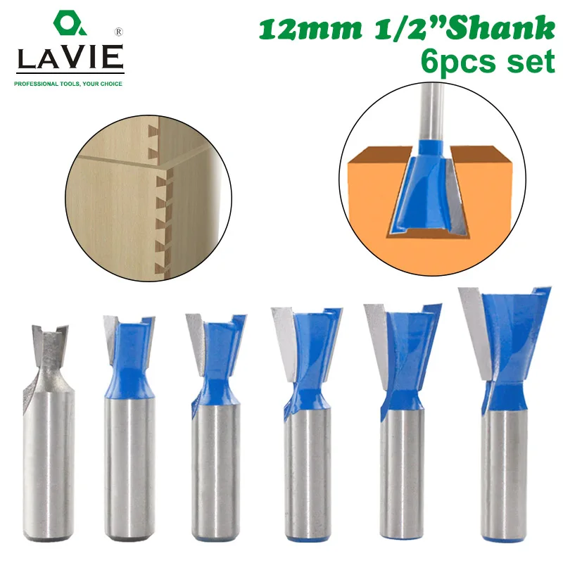 

6pcs 12mm Shank 1/2 Dovetail Joint Router Bits Set 14 Degree Woodworking Engraving Bit Milling Cutter for Wood