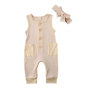 

Summer Baby Clothes Casual Romper Set Girl Cotton Infant Sleeveless Bodysuit+Bowknot Headband