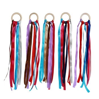 

Rainbow Color Ribbon Wooden Ring Waldorf Ribbon With Bell Hand Kite Toy Rainbow Streamers Baby Toy Sports