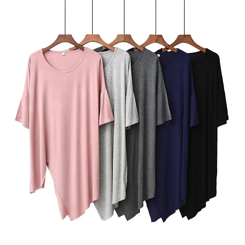 

ZDFURS*Summer Ladies Loose Tee Solid Color Nightwear Large Size Women Irregular Round Neck T-Shirt Comfort Modal Loose Homewear