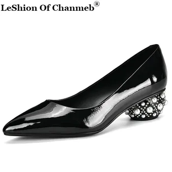 

2020 Spring New Elegant Pumps Women Spring Autumn Genuine Leather Basic Office Party Shoes Woman Pearl Heels Pointed Toe Pumps