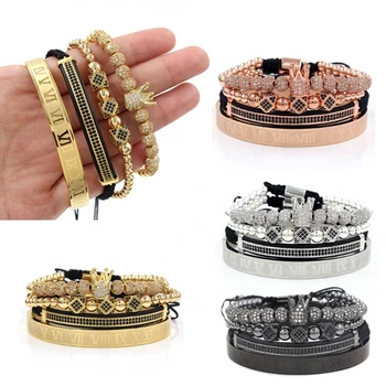 

4 Pcs Imperial Crown King Bracelet Luxury Charm Roman Numeral Bracelet Pave CZ Zircon Bracelet Bangle For Men Women Jewelry