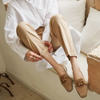 

2020 Autumn Buckle Retro Flats For women Square Toe Loafers Frosted Sheepskin Casual Ladies Shoes For Party working dancing