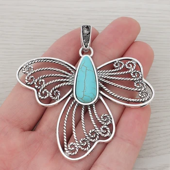 

3 x Large Filigree Butterfly Insect With Faux Turquoise Stone Charms Pendants for Necklace Jewelry Making
