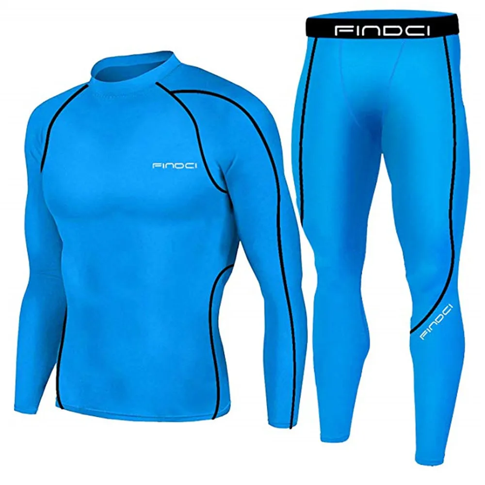 Findci Men Compression Tops Tight Trousers Long Sleeve Shirts Long Pants Suits - Цвет: Серебристый